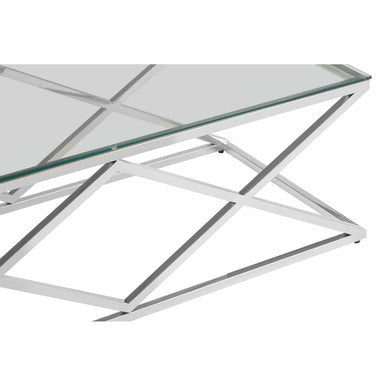 Silver Reflective Stainless Steel Coffee Table with Clear Tempered Glass Top, Allure