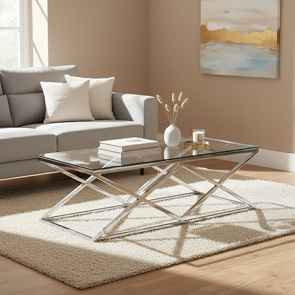 Allure Silver Stainless Steel Coffee Table with Inverted Prism Base