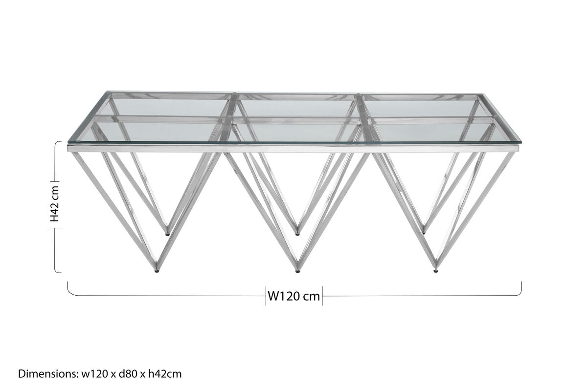 Silver Prismatic Base Coffee Table with Clear Glass Top and 6 Pincer Style Legs, Allure