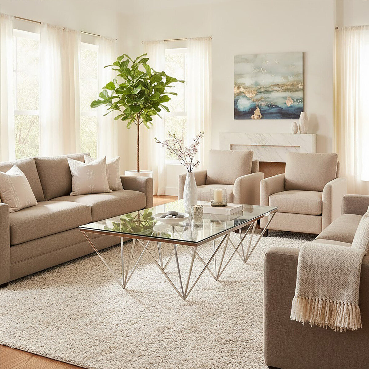 Silver Prismatic Base Coffee Table with Clear Glass Top and 6 Pincer Style Legs, Allure