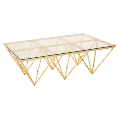 Gold Prismatic Base Coffee Table with Clear Glass Top and 6 Pincer Style Legs, Allure