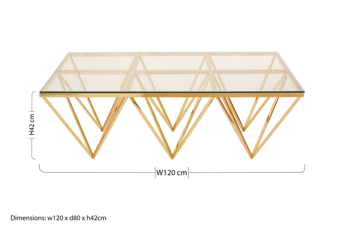 Gold Prismatic Base Coffee Table with Clear Glass Top and 6 Pincer Style Legs, Allure