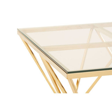 Gold Prismatic Base Coffee Table with Clear Glass Top and 6 Pincer Style Legs, Allure