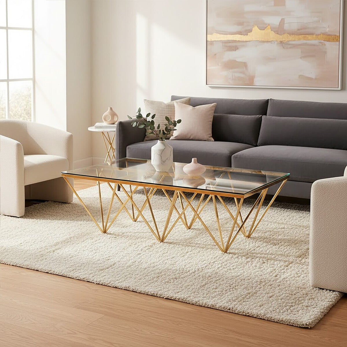Gold Prismatic Base Coffee Table with Clear Glass Top and 6 Pincer Style Legs, Allure