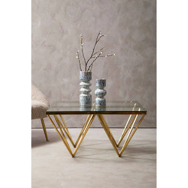 Gold Prismatic Square Coffee Table with Clear Glass Top and Pincer Style Legs, Allure