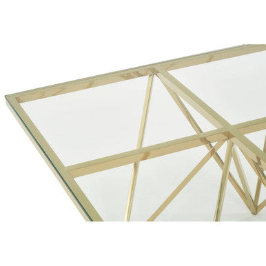 Gold Prismatic Square Coffee Table with Clear Glass Top and Pincer Style Legs, Allure