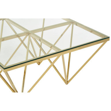 Gold Prismatic Square Coffee Table with Clear Glass Top and Pincer Style Legs, Allure