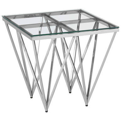 Silver Stainless Steel End Table with Pincer Like Legs and Glass Top, Allure