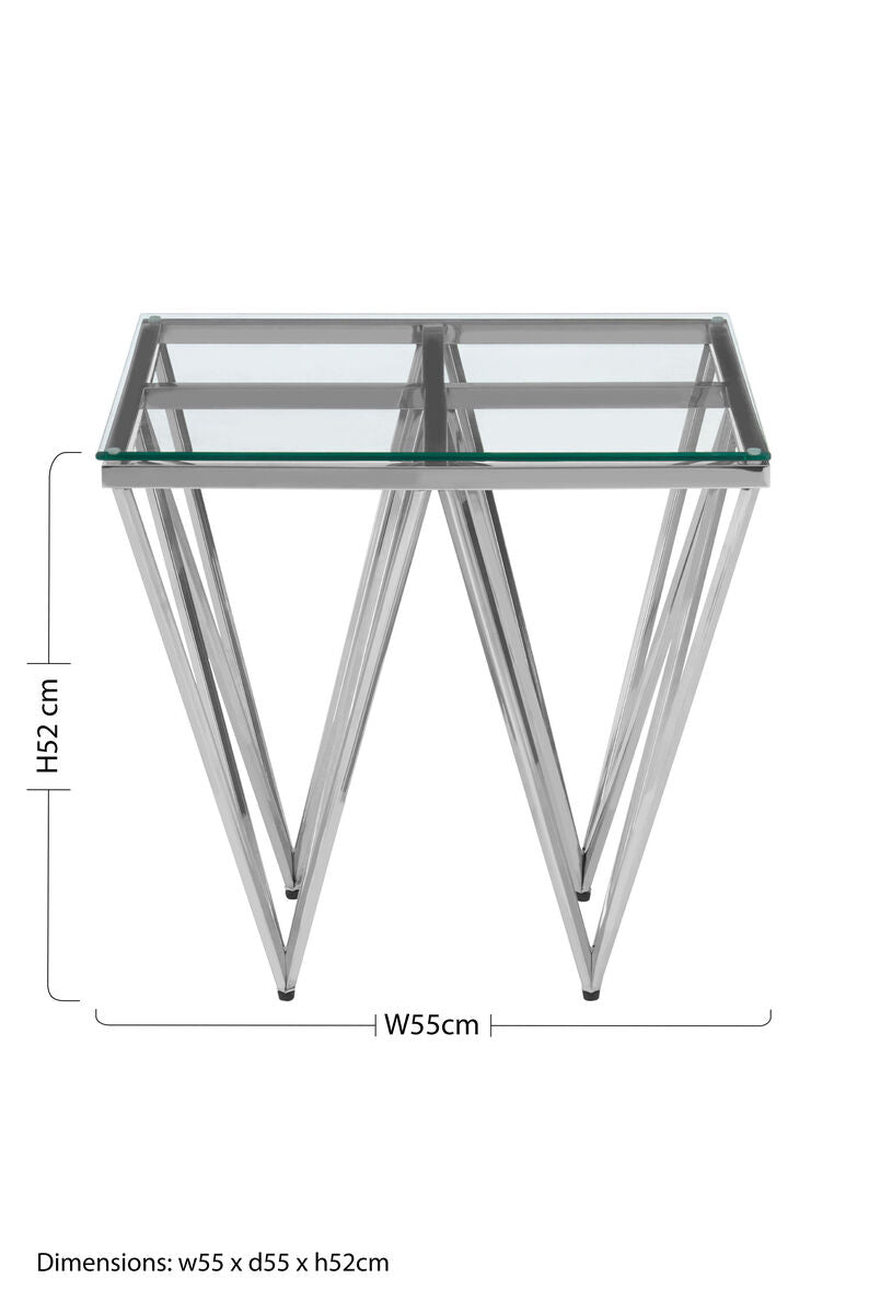 Silver Stainless Steel End Table with Pincer Like Legs and Glass Top, Allure