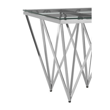 Silver Stainless Steel End Table with Pincer Like Legs and Glass Top, Allure