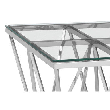Silver Stainless Steel End Table with Pincer Like Legs and Glass Top, Allure