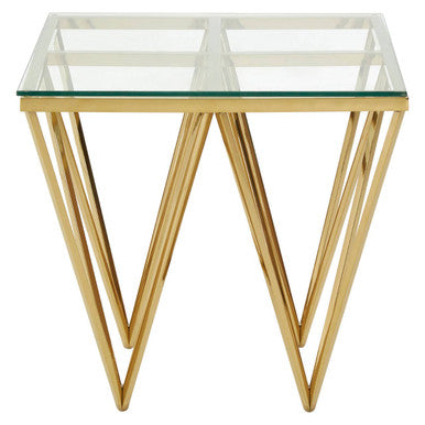 Gold Finish Side Table with Tempered Glass Top and Sculptural Metal Base, Allure