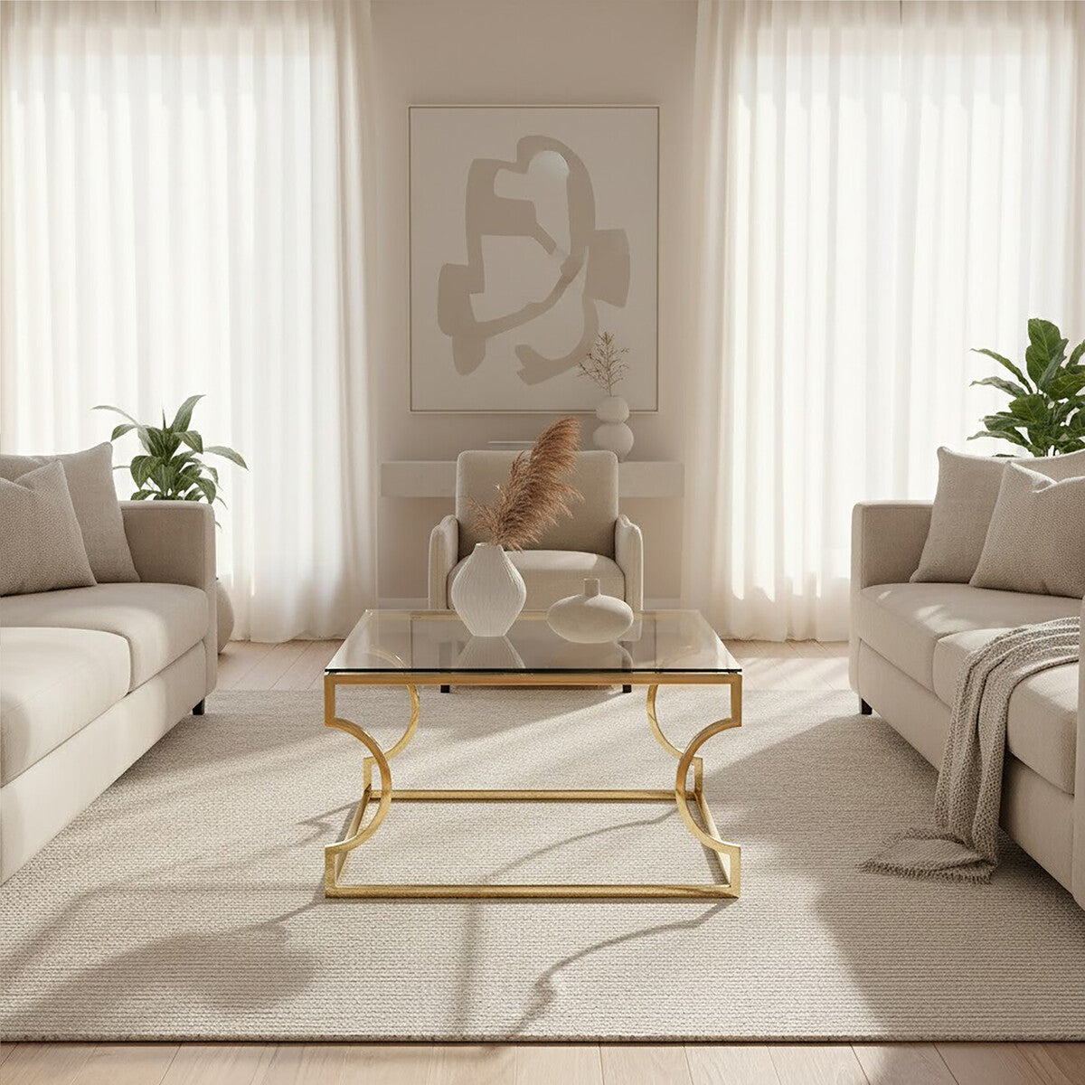 Gold Curved Frame Coffee Table with Clear Tempered Glass Top, Allure