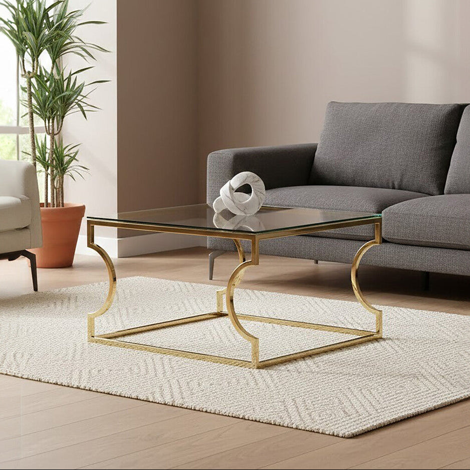 Gold Curved Frame Coffee Table with Clear Tempered Glass Top, Allure