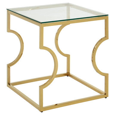 Gold Curved Frame Square End Table with Clear Tempered Glass, Allure