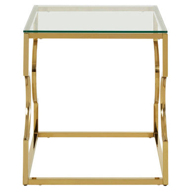 Gold Curved Frame Square End Table with Clear Tempered Glass, Allure