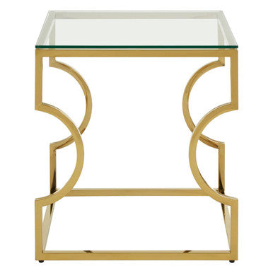 Gold Curved Frame Square End Table with Clear Tempered Glass, Allure