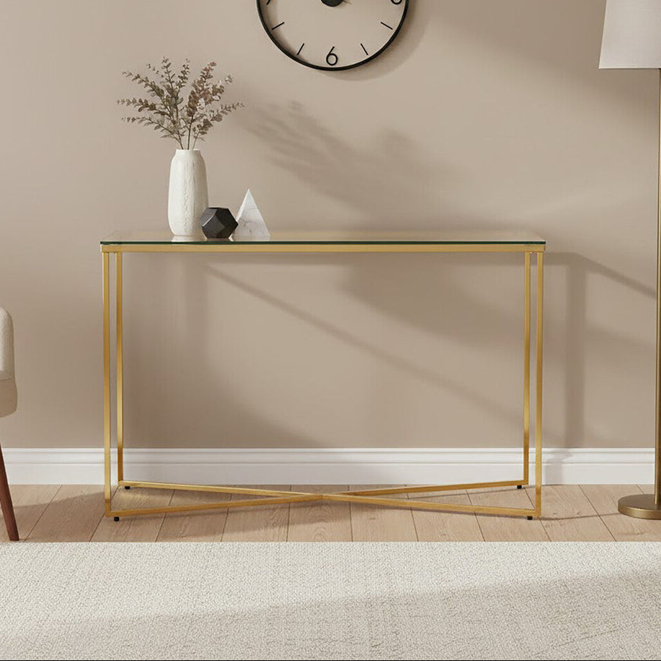 Cross Design Console Table with Clear Tempered Glass Top, Allure