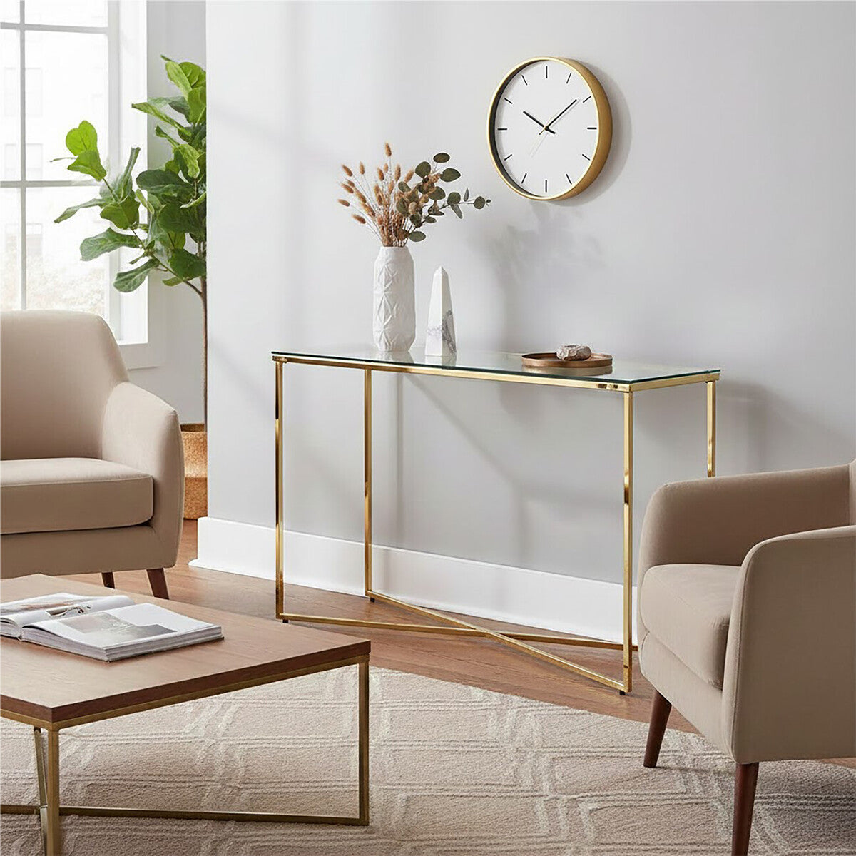 Cross Design Console Table with Clear Tempered Glass Top, Allure