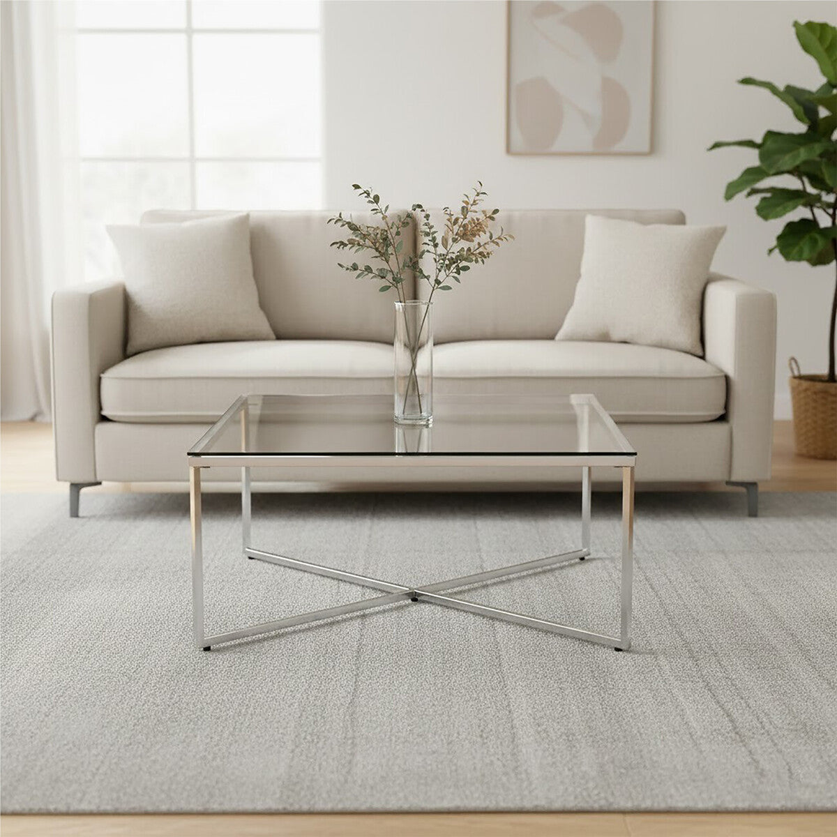 Silver Cross Base Coffee Table with Clear Tempered Glass Top, Allure