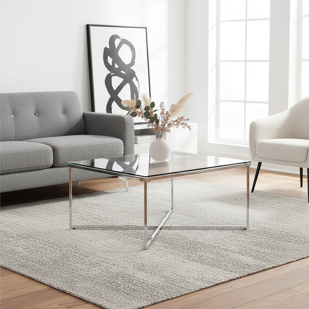 Allure Silver Stainless Steel Square Coffee Table with Intersecting Base