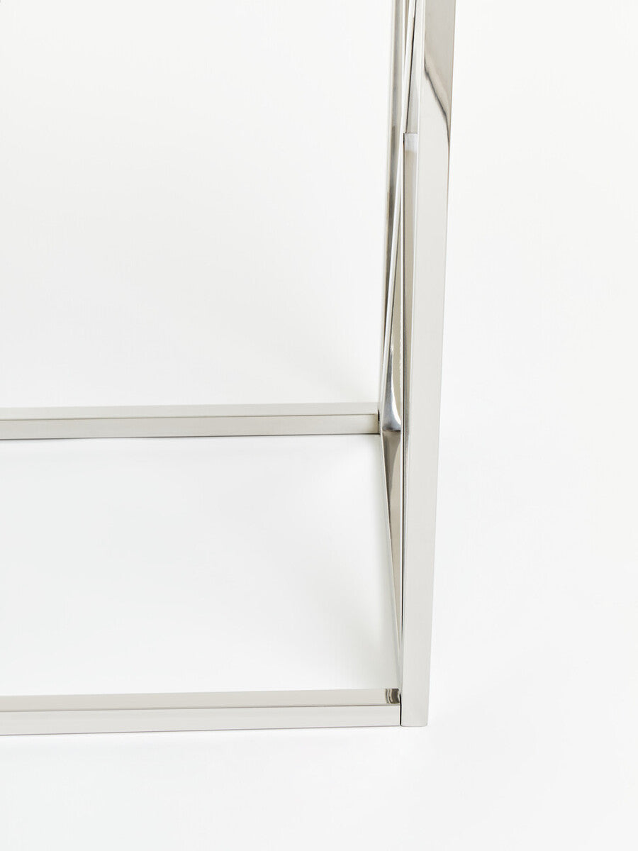 Silver Minimal Console Table with Cross Detail and Clear Tempered Glass Top, Allure
