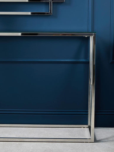Silver Minimal Console Table with Cross Detail and Clear Tempered Glass Top, Allure