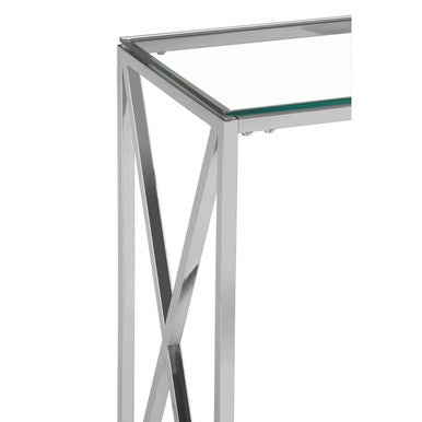 Silver Minimal Console Table with Cross Detail and Clear Tempered Glass Top, Allure