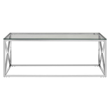 Silver Finish Coffee Table with Cross Frame and Tempered Glass Top, Allure