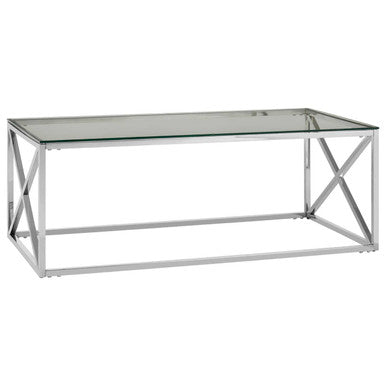 Silver Finish Coffee Table with Cross Frame and Tempered Glass Top, Allure