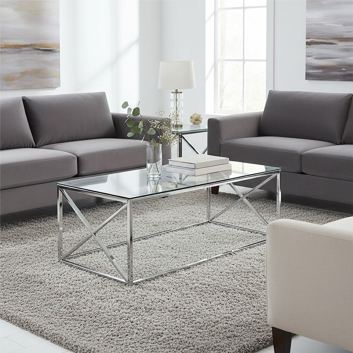 Silver Finish Coffee Table with Cross Frame and Tempered Glass Top, Allure
