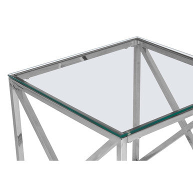 Allure Silver Stainless Steel Square End Table with Cross Legs