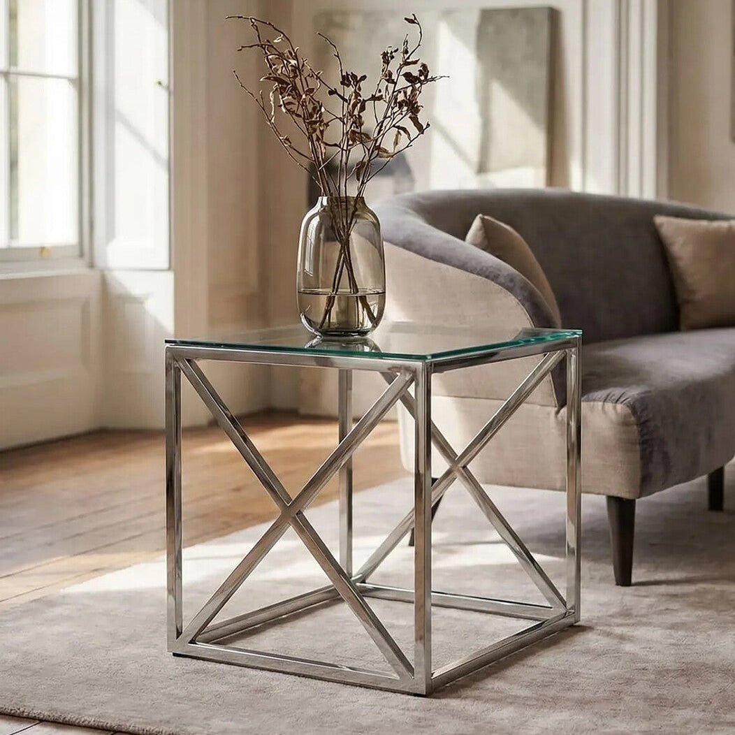 Allure Silver Stainless Steel Square End Table with Cross Legs