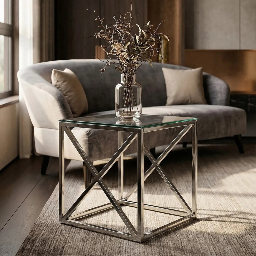Allure Silver Stainless Steel Square End Table with Cross Legs