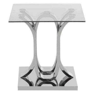 Silver Mirrored Finish Curved Base End Table with Clear Glass Top, Allure