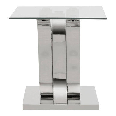 Silver Mirrored Finish Curved Base End Table with Clear Glass Top, Allure
