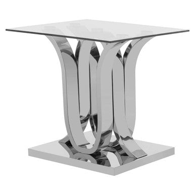 Silver Mirrored Finish Curved Base End Table with Clear Glass Top, Allure