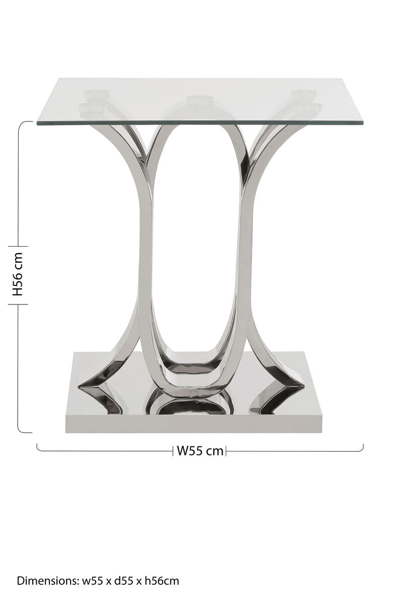 Silver Mirrored Finish Curved Base End Table with Clear Glass Top, Allure