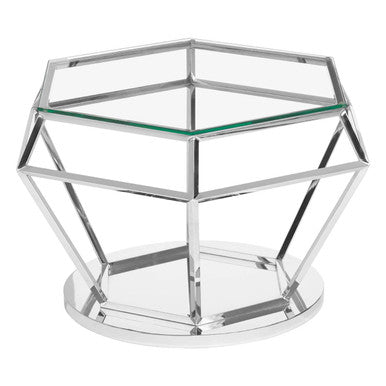 Silver Finish Diamond Design End Table with Clear Tempered Glass Top, Allure