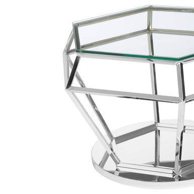 Silver Finish Diamond Design End Table with Clear Tempered Glass Top, Allure