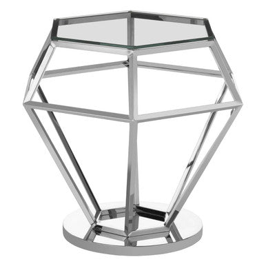 Silver Geometric Diamond Design End Table with Clear Tempered Glass Top, Allure
