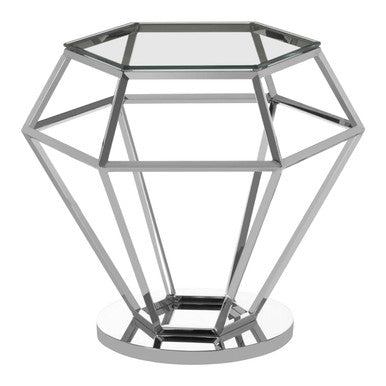 Silver Geometric Diamond Design End Table with Clear Tempered Glass Top, Allure