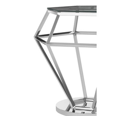 Silver Geometric Diamond Design End Table with Clear Tempered Glass Top, Allure