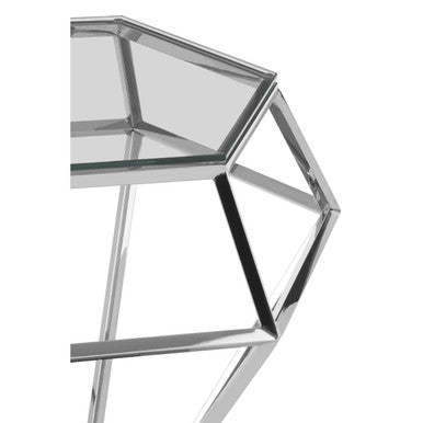 Silver Geometric Diamond Design End Table with Clear Tempered Glass Top, Allure