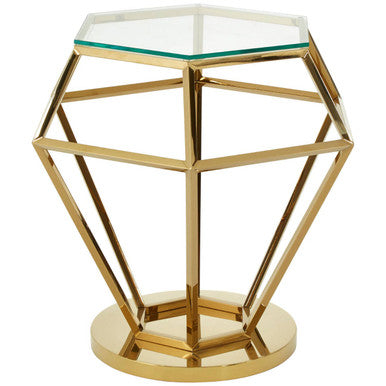 Gold Finish Diamond Frame Small End Table with Tempered Glass Top, Allure