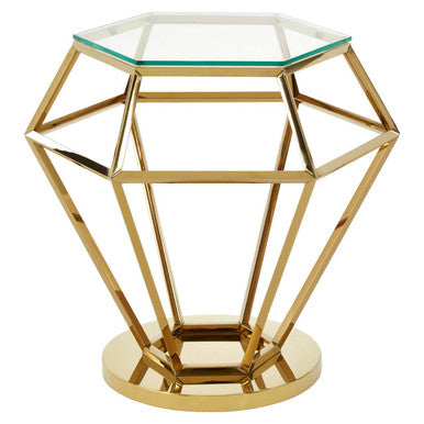 Gold Finish Diamond Frame Small End Table with Tempered Glass Top, Allure