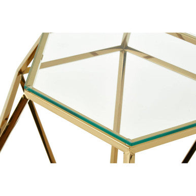 Gold Finish Diamond Frame Small End Table with Tempered Glass Top, Allure