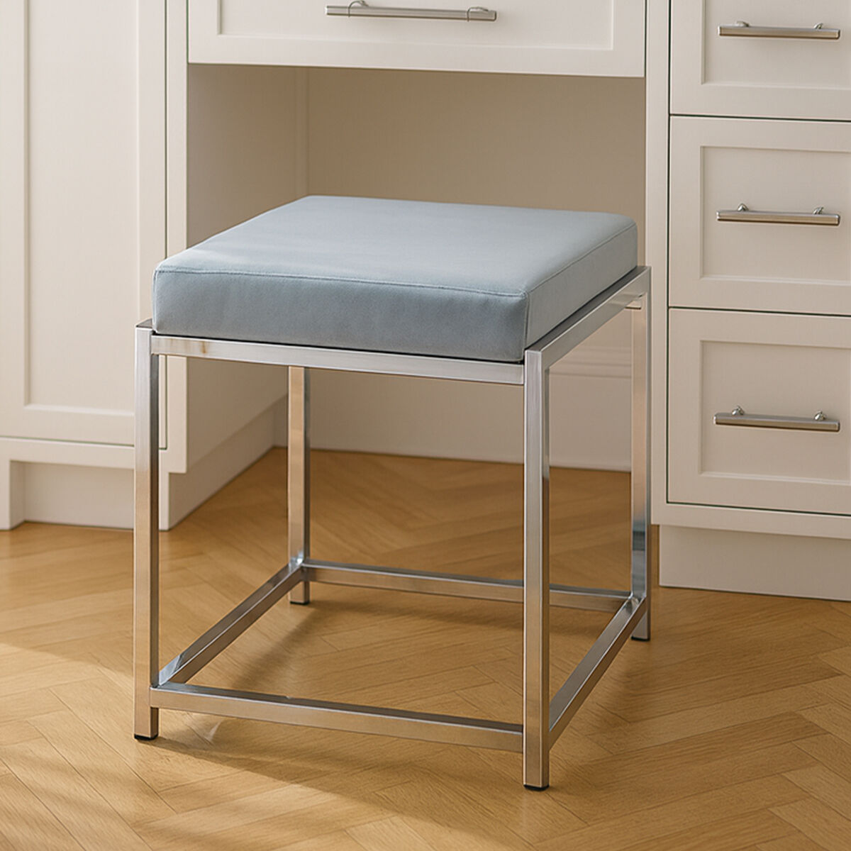 Allure Powder Blue Velvet Stool with Silver Stainless Steel Frame