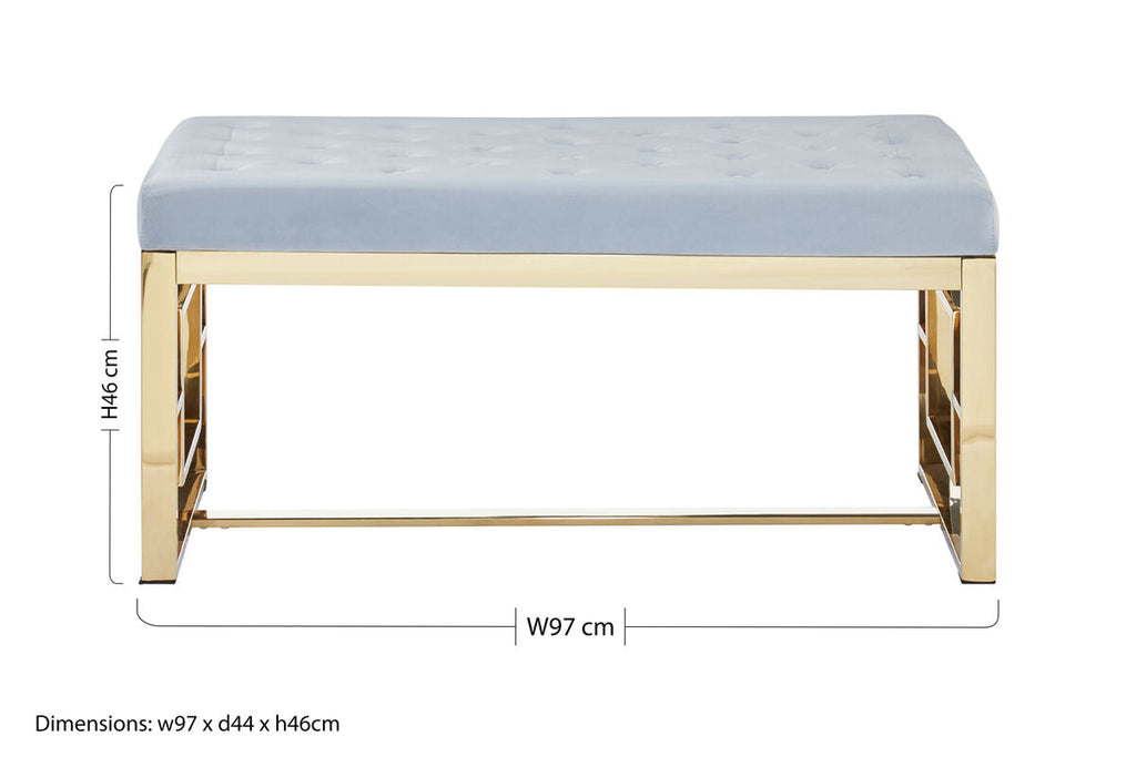 Allure Powder Grey Velvet Bench with Gold Stainless Steel Frame