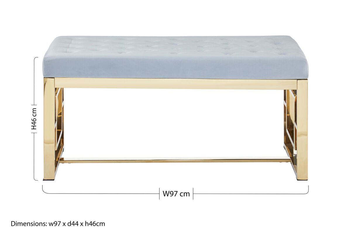 Allure Powder Grey Velvet Bench with Gold Stainless Steel Frame